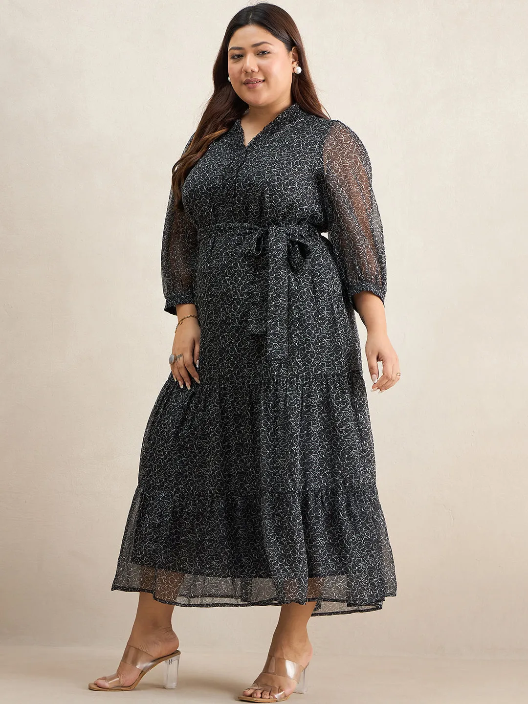 Black Floral Print Smocking Detailed Maxi Dress