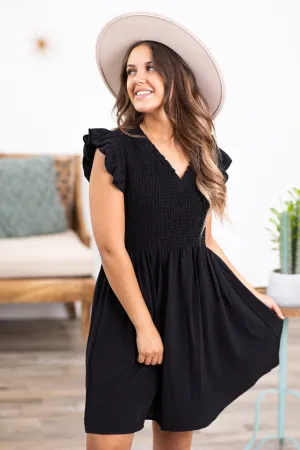 Black Flutter Sleeve Smocked Bodice Dress