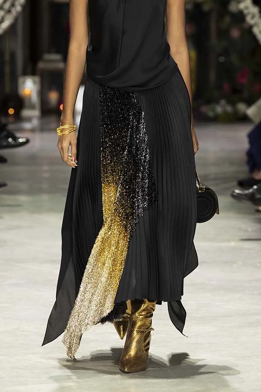 Black Gazar Pleated Skirt with Black/Gold Ombre Lurex Insert