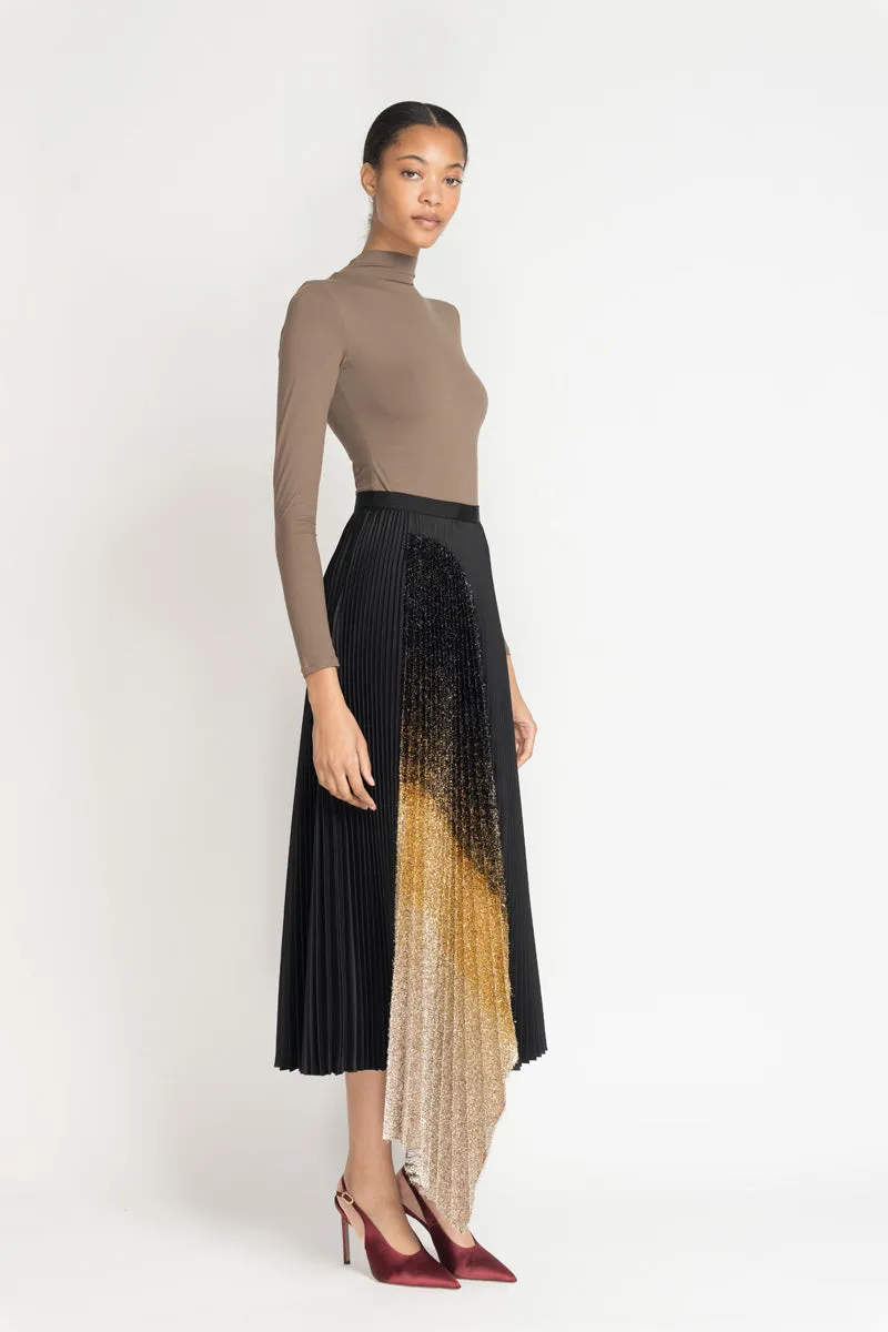 Black Gazar Pleated Skirt with Black/Gold Ombre Lurex Insert