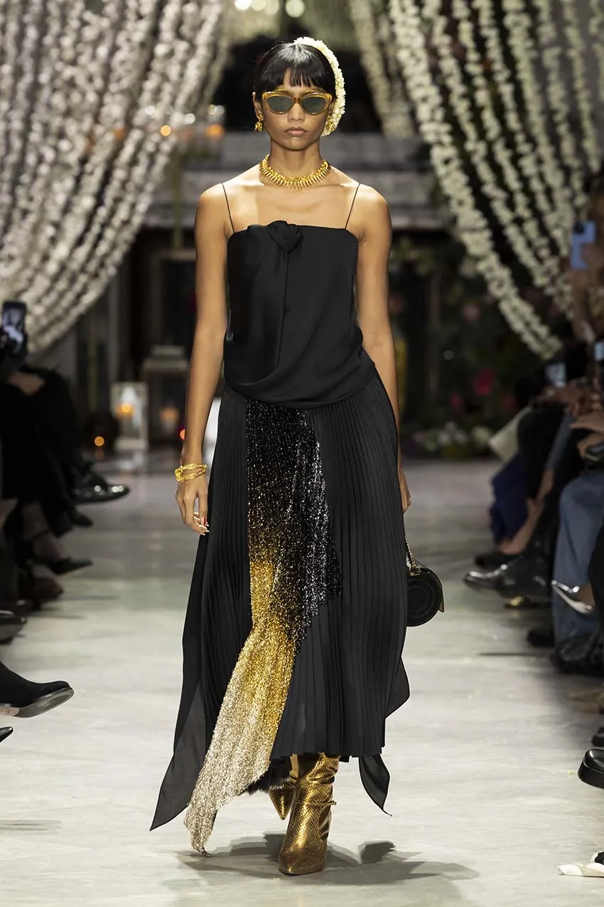 Black Gazar Pleated Skirt with Black/Gold Ombre Lurex Insert