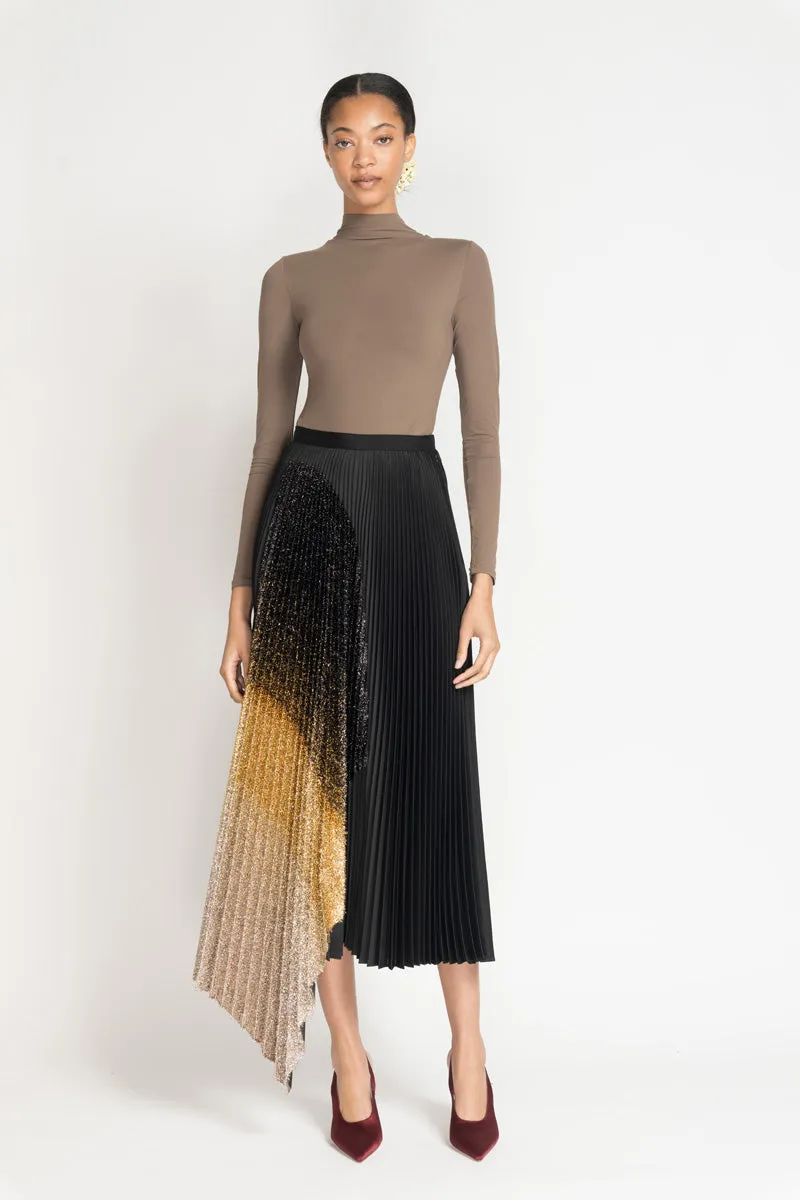 Black Gazar Pleated Skirt with Black/Gold Ombre Lurex Insert