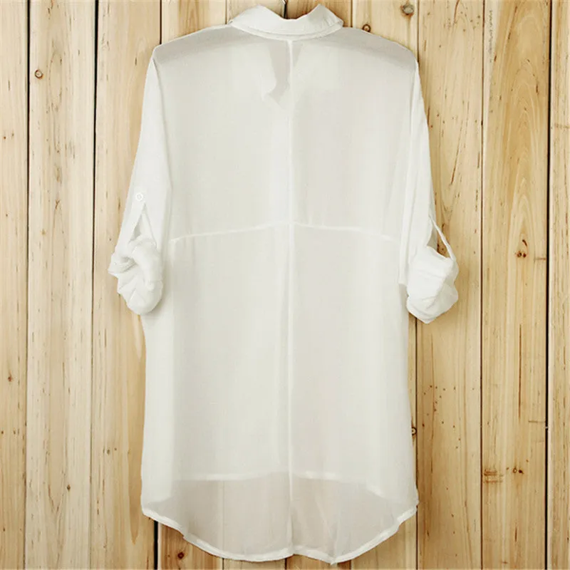 Blouse Women Long Batwing Sleeve Chiffon Shirts Turn-down Collar Casual Loose See Through Tops Plus Size