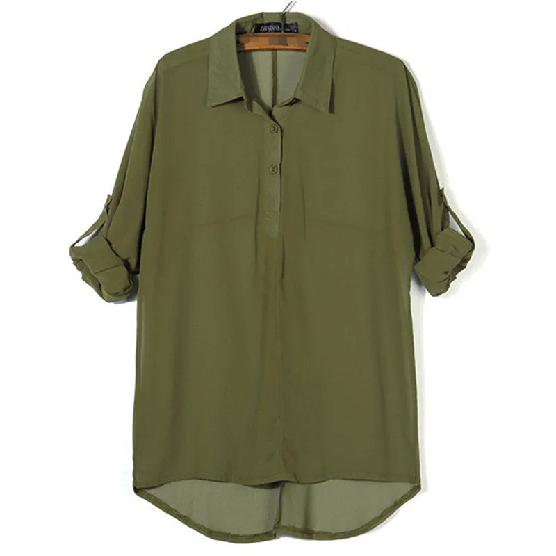 Blouse Women Long Batwing Sleeve Chiffon Shirts Turn-down Collar Casual Loose See Through Tops Plus Size