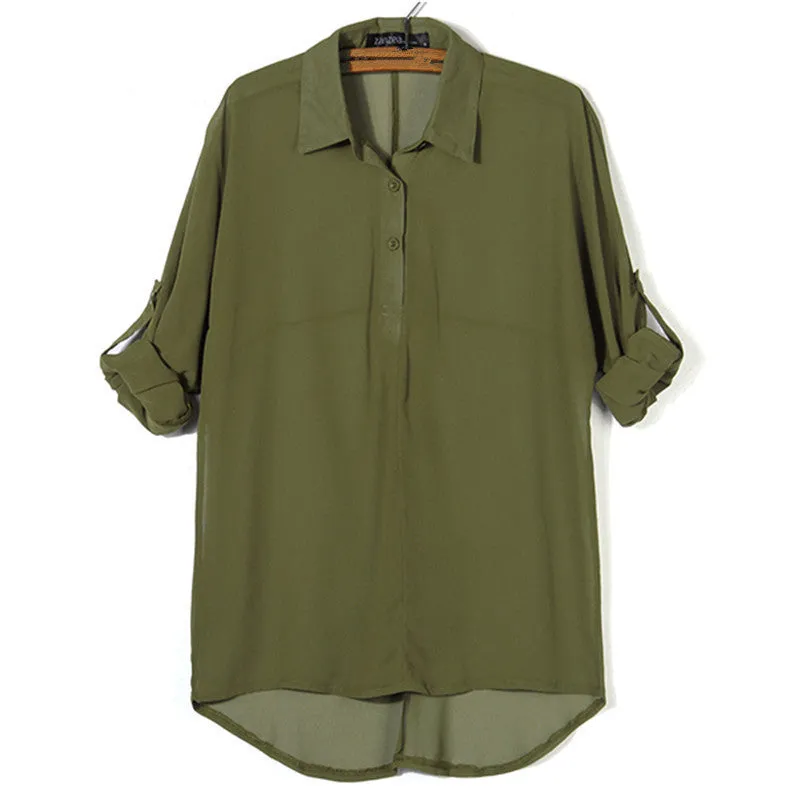 Blouse Women Long Batwing Sleeve Chiffon Shirts Turn-down Collar Casual Loose See Through Tops Plus Size