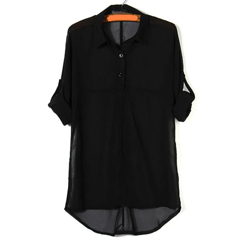Blouse Women Long Batwing Sleeve Chiffon Shirts Turn-down Collar Casual Loose See Through Tops Plus Size