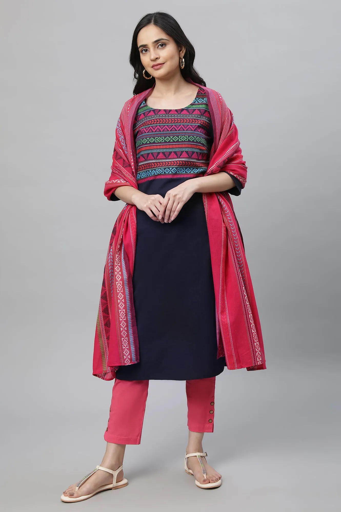 Blue Casual Kurta, Pants & Dupatta Set