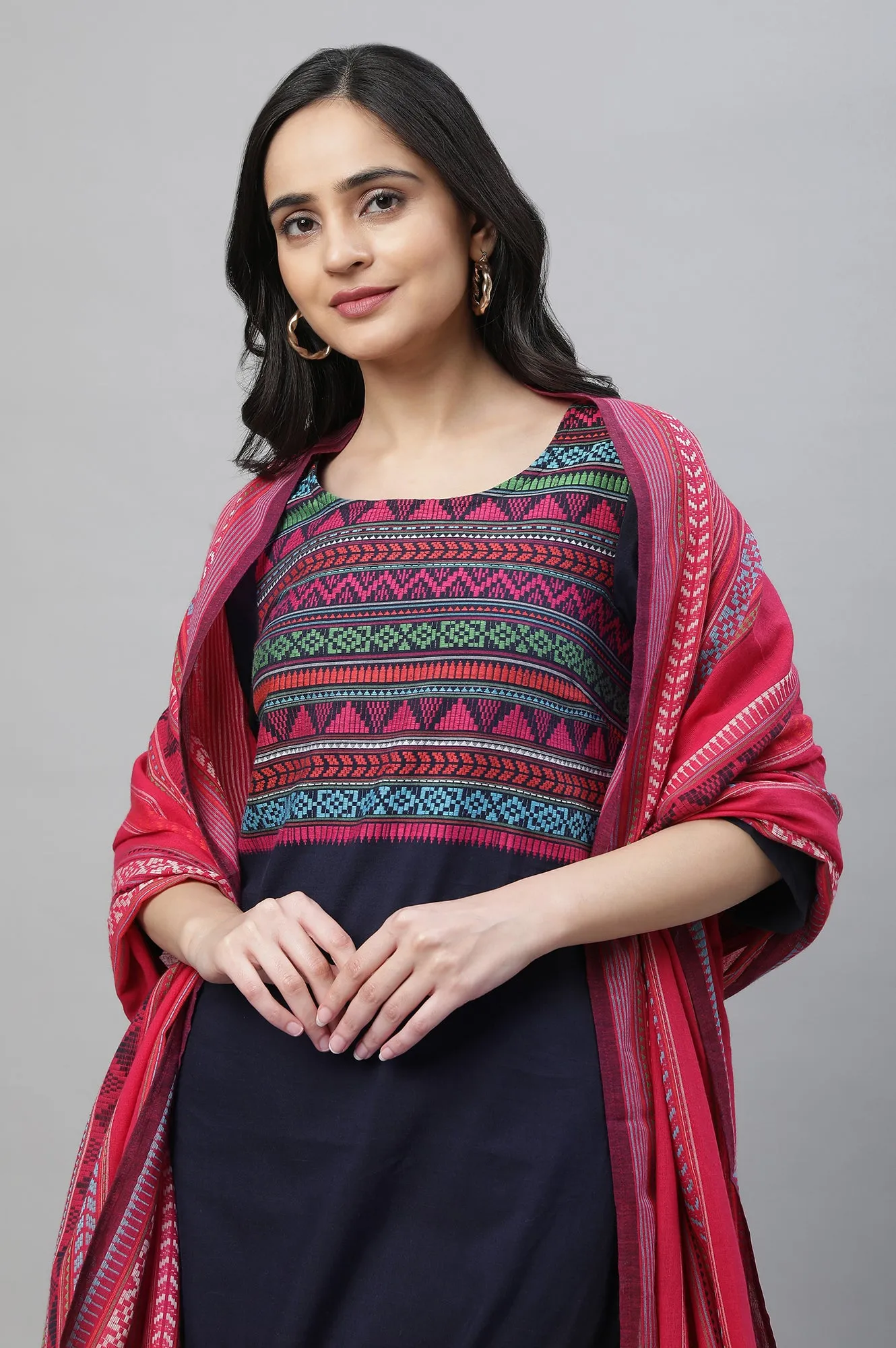 Blue Casual Kurta, Pants & Dupatta Set