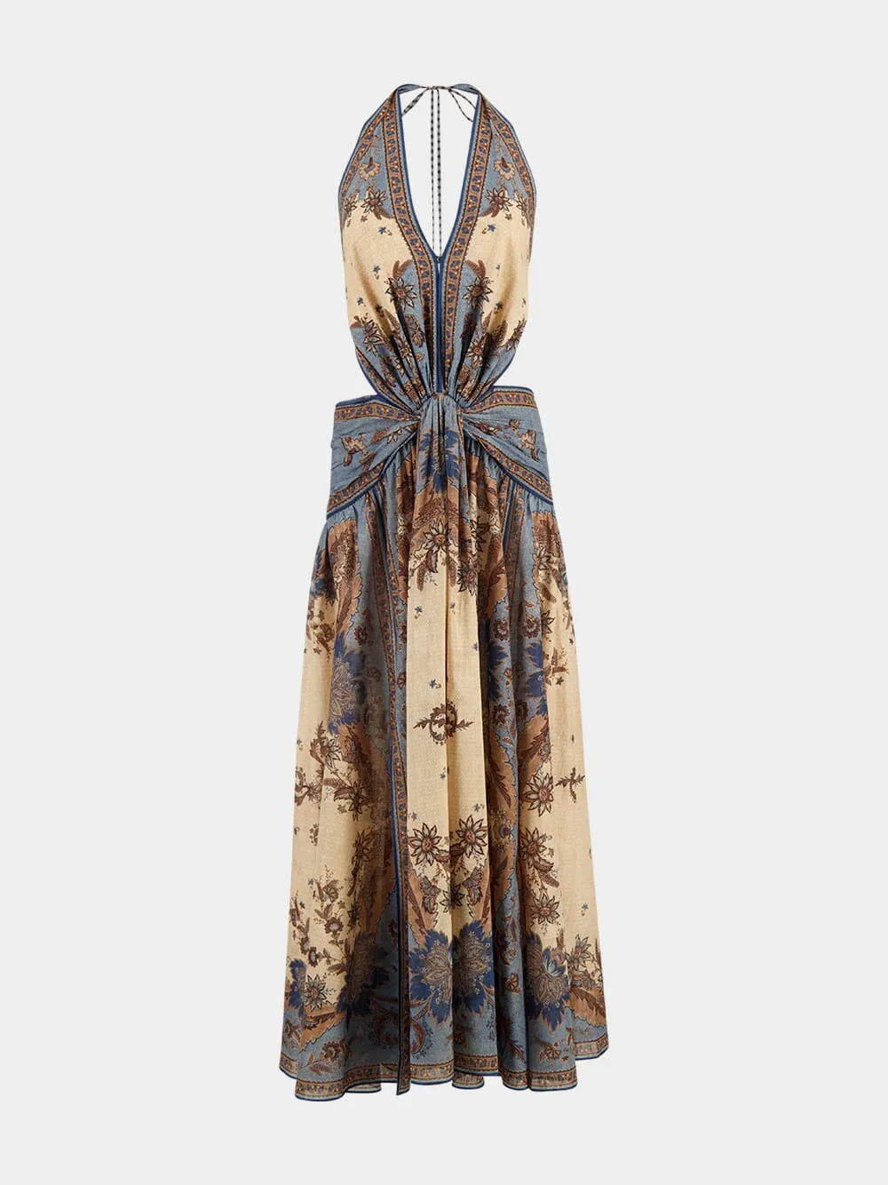 Blue Cream Indienne Floral Ascension Plunge Halter Maxi