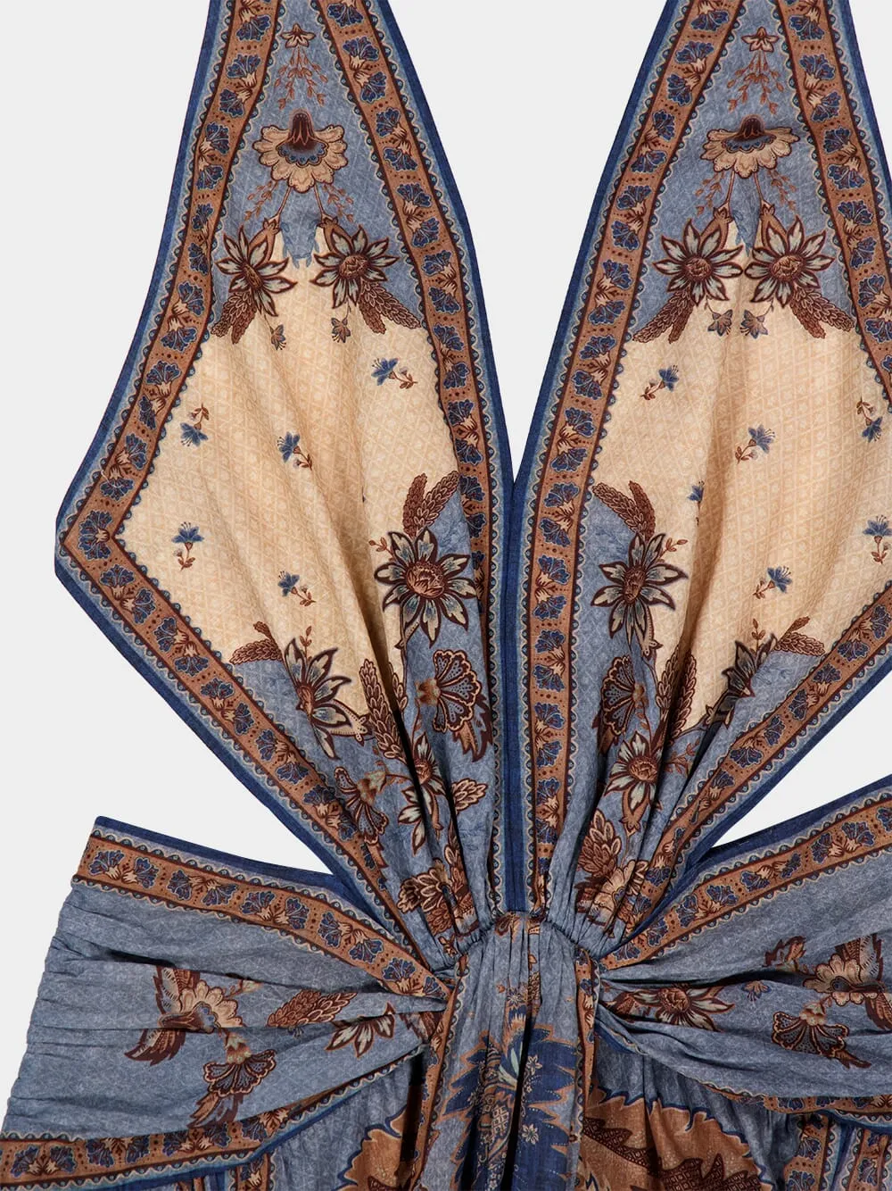 Blue Cream Indienne Floral Ascension Plunge Halter Maxi