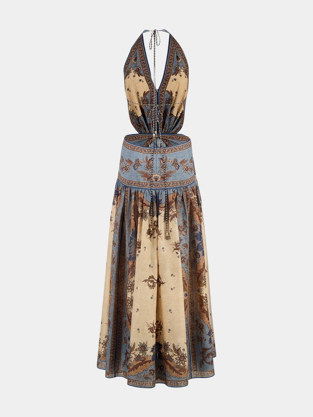 Blue Cream Indienne Floral Ascension Plunge Halter Maxi