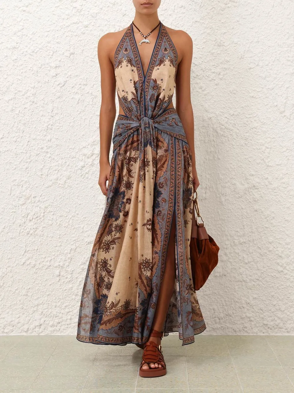 Blue Cream Indienne Floral Ascension Plunge Halter Maxi