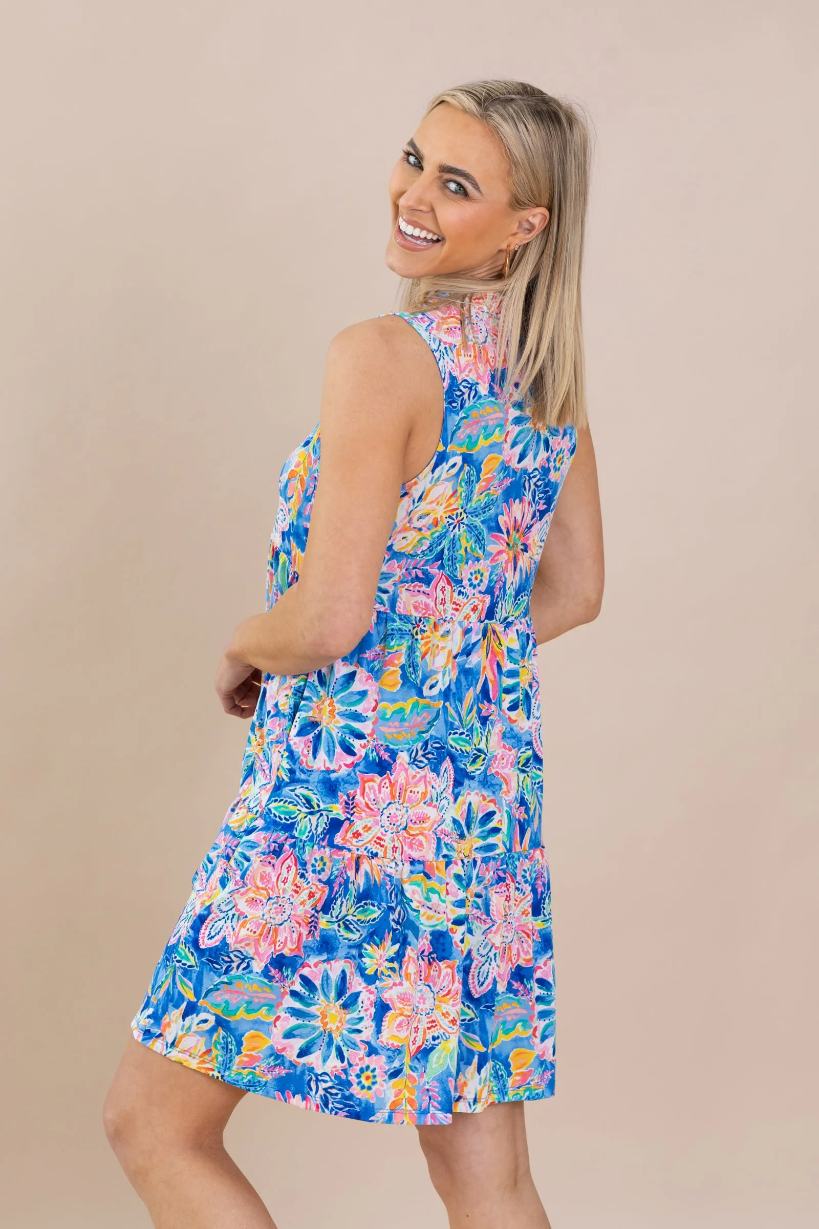 Blue Floral Abstract Tiered Wrinkle Free Dress