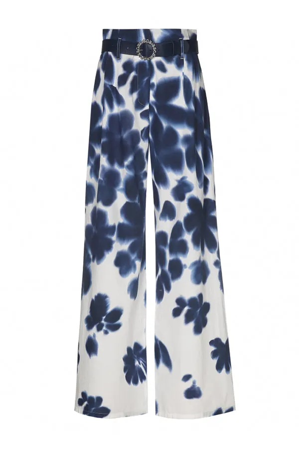 BLUE FLORAL PRINT WIDE HIGH WAIST TROUSERS