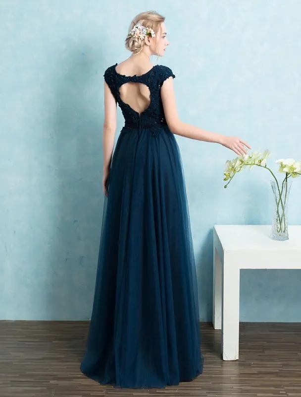 Blue Prom Dress 2021 Long Tulle Beading Evening Dresses Dark Navy Backless Floor Length Party Dresses Wedding Guest Dress