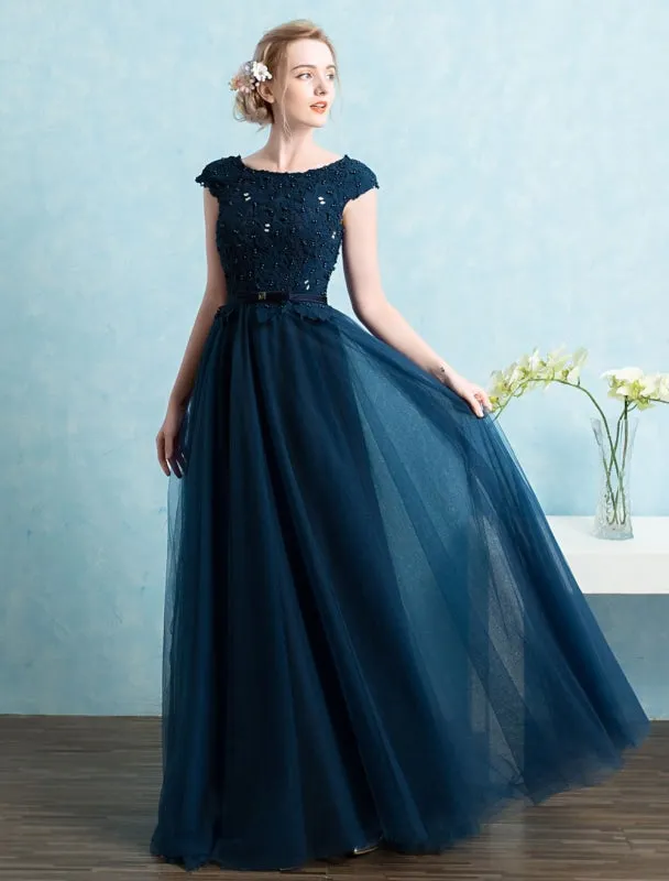 Blue Prom Dress 2021 Long Tulle Beading Evening Dresses Dark Navy Backless Floor Length Party Dresses Wedding Guest Dress