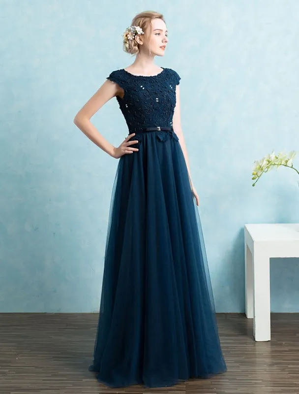 Blue Prom Dress 2021 Long Tulle Beading Evening Dresses Dark Navy Backless Floor Length Party Dresses Wedding Guest Dress