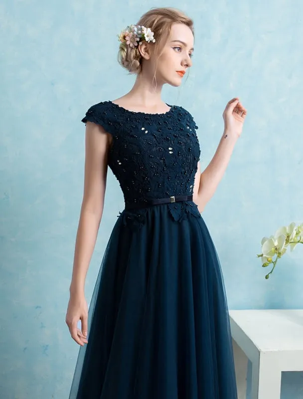 Blue Prom Dress 2021 Long Tulle Beading Evening Dresses Dark Navy Backless Floor Length Party Dresses Wedding Guest Dress