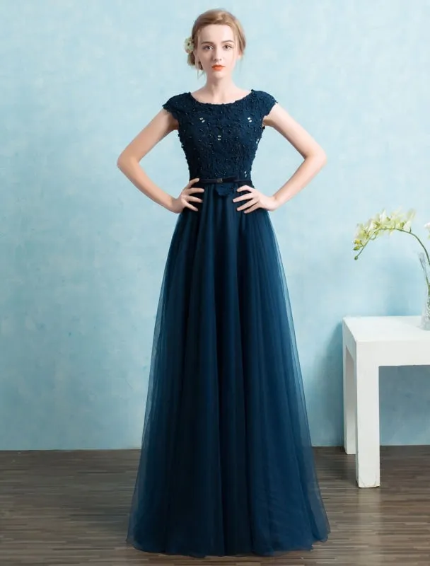 Blue Prom Dress 2021 Long Tulle Beading Evening Dresses Dark Navy Backless Floor Length Party Dresses Wedding Guest Dress
