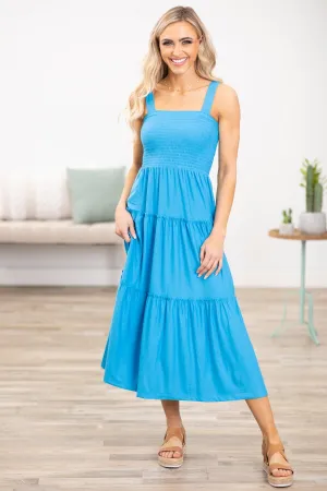 Blue Smocked Bodice Tiered Skirt Midi Dress