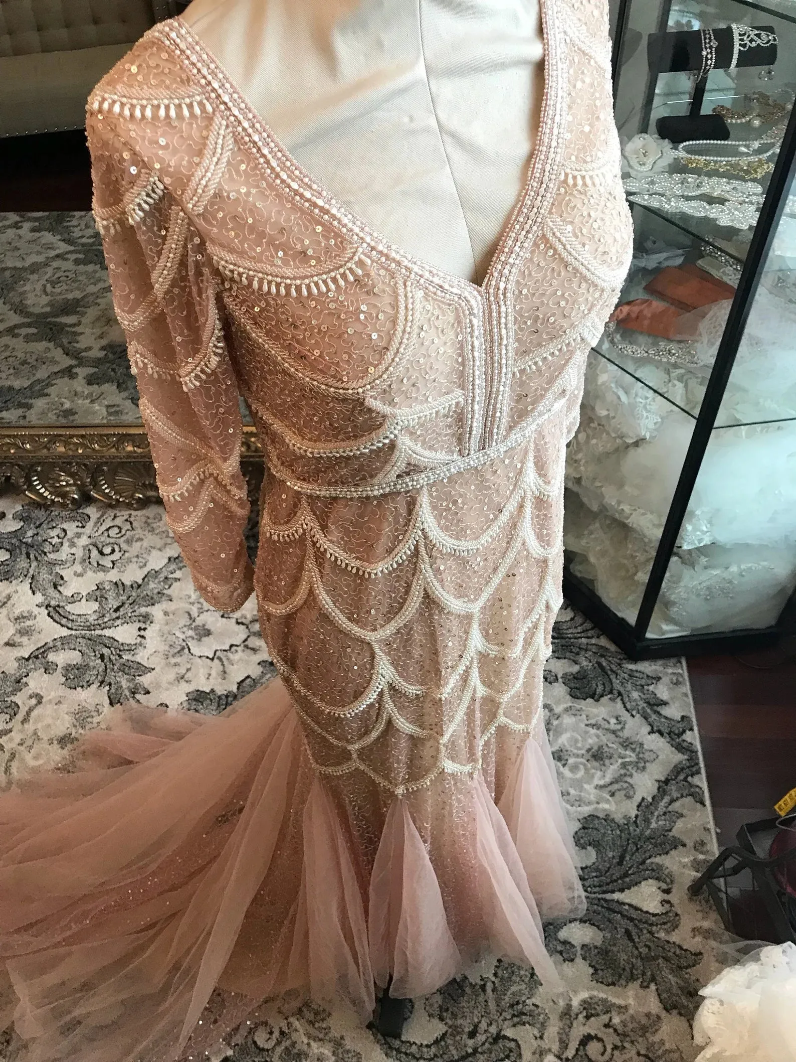 Blush Scallop Beading Trumpet Wedding Dress Alannah with Tulle Godets