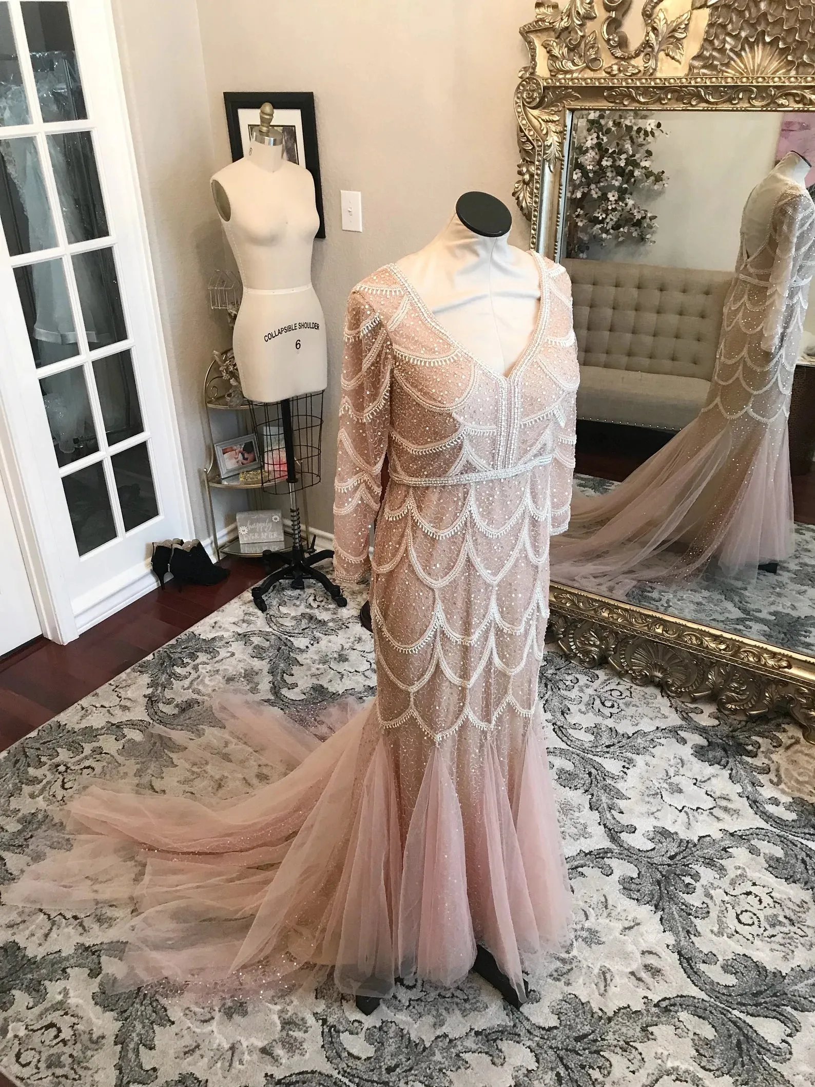 Blush Scallop Beading Trumpet Wedding Dress Alannah with Tulle Godets