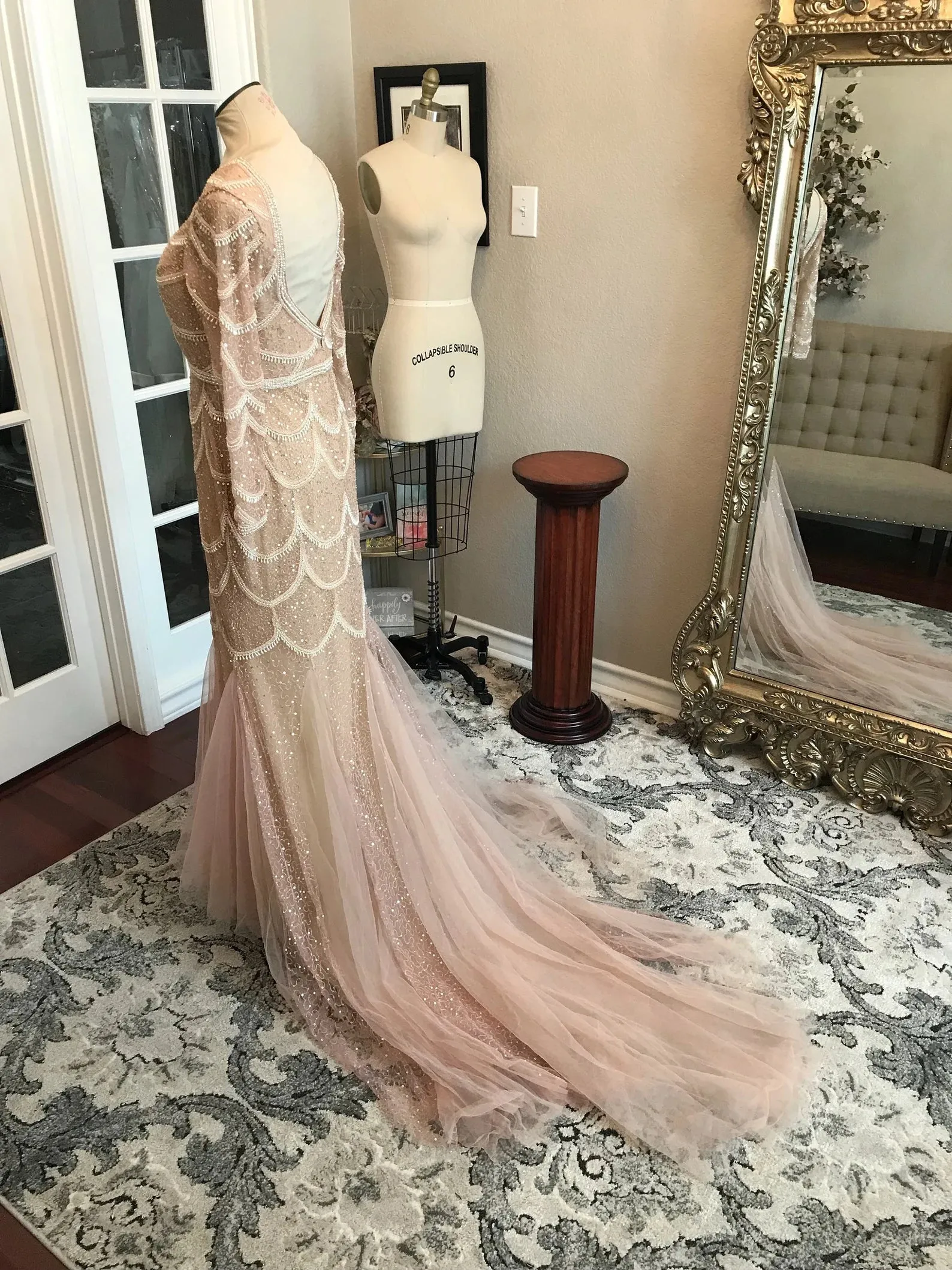 Blush Scallop Beading Trumpet Wedding Dress Alannah with Tulle Godets