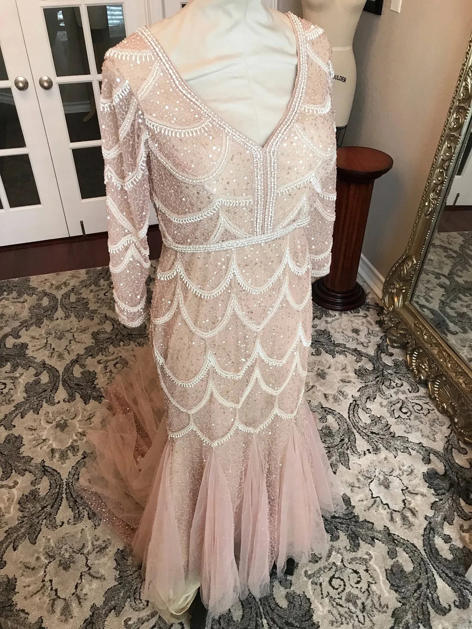 Blush Scallop Beading Trumpet Wedding Dress Alannah with Tulle Godets