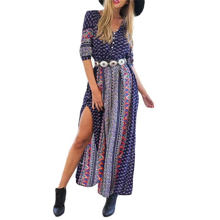 Bohemia Boho Print Long Beach Dresses Women Navy V Neck Half Sleeve Vintage Print Split Maxi Dress