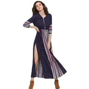 Bohemia Boho Print Long Beach Dresses Women Navy V Neck Half Sleeve Vintage Print Split Maxi Dress