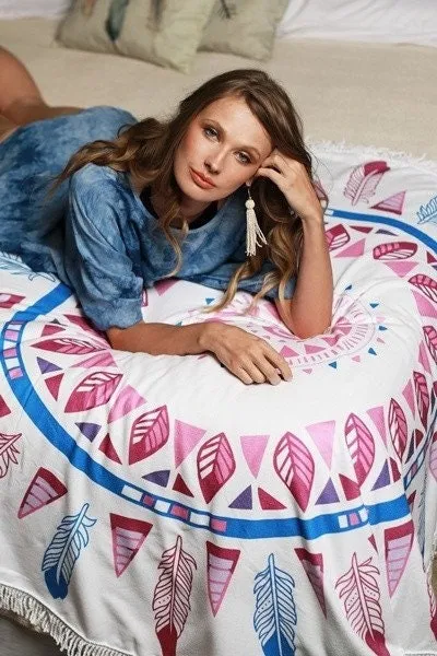 Boho Beach Towel Pink Dream Catcher Pattern