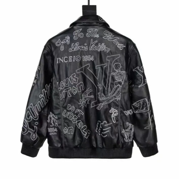 Branded Embroidered Leather Bomber BLACK