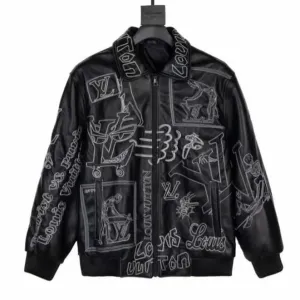 Branded Embroidered Leather Bomber BLACK