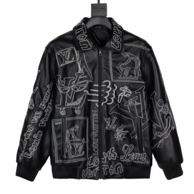 Branded Embroidered Leather Bomber BLACK