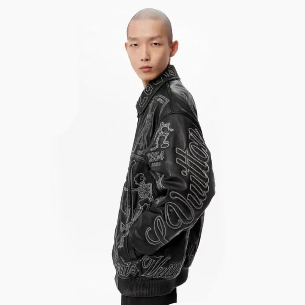 Branded Embroidered Leather Bomber BLACK