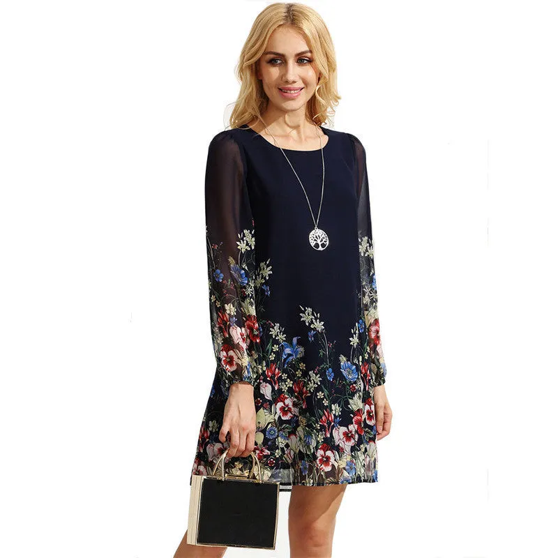Casual Short Autumn Dresses For Women Multicolor Round Neck Long Sleeve Floral Print Straight Chiffon Dress