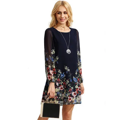 Casual Short Autumn Dresses For Women Multicolor Round Neck Long Sleeve Floral Print Straight Chiffon Dress