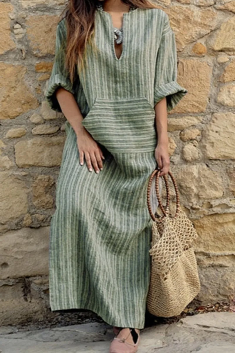 Casual Striped Split Joint V Neck Straight Dresses(3 colors)
