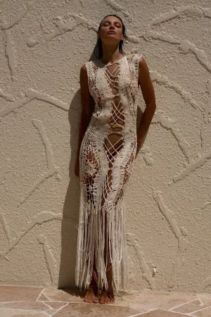Chain Reaction Crochet Beaded Fringe Maxi Dress