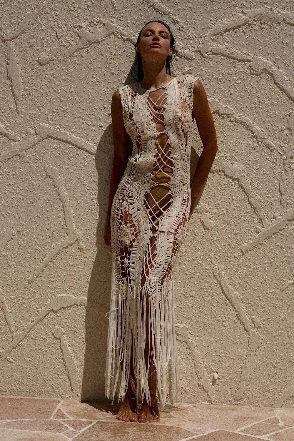 Chain Reaction Crochet Beaded Fringe Maxi Dress