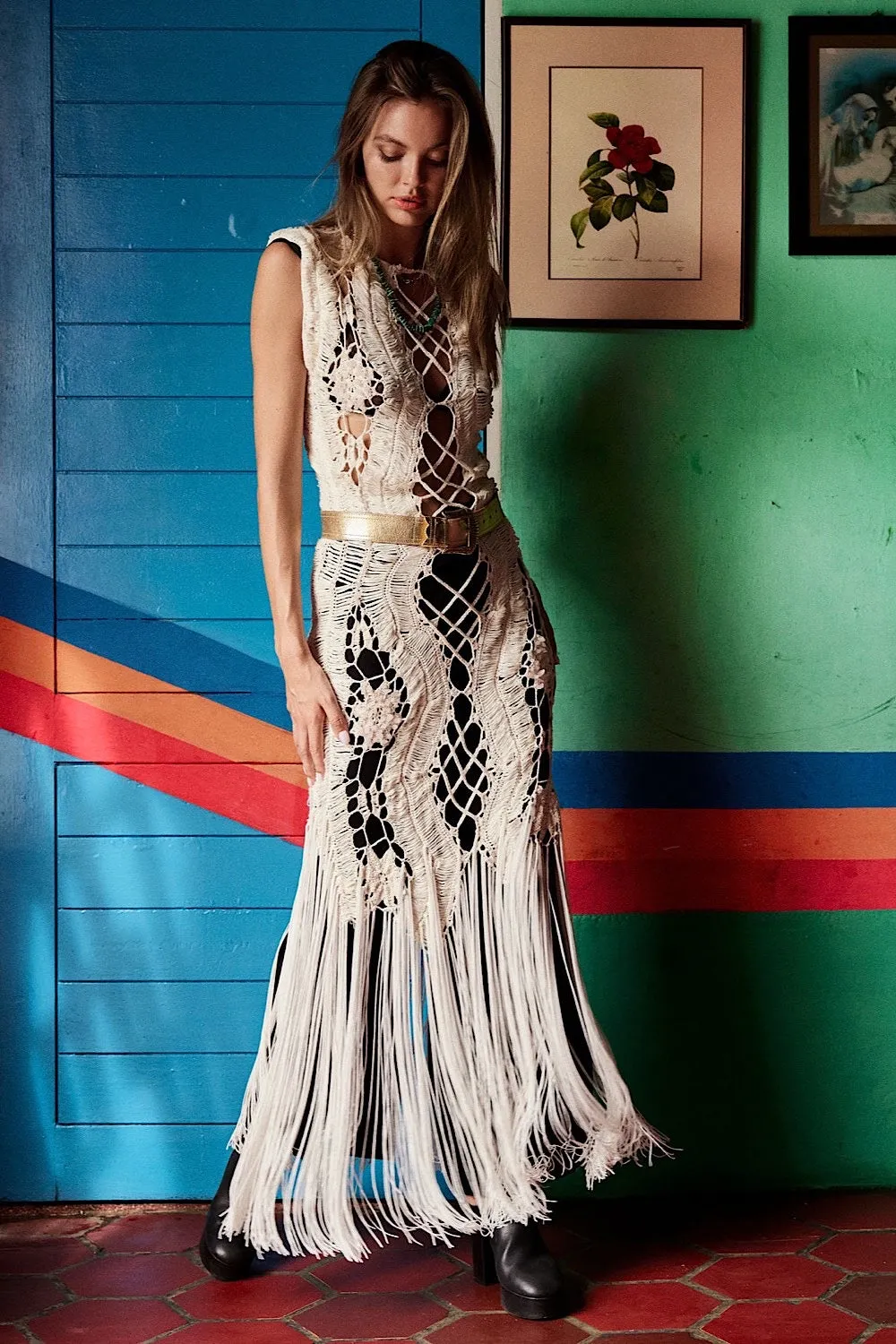 Chain Reaction Crochet Beaded Fringe Maxi Dress