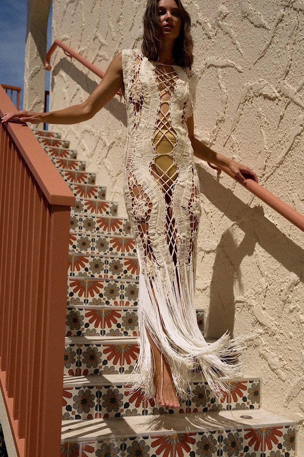 Chain Reaction Crochet Beaded Fringe Maxi Dress