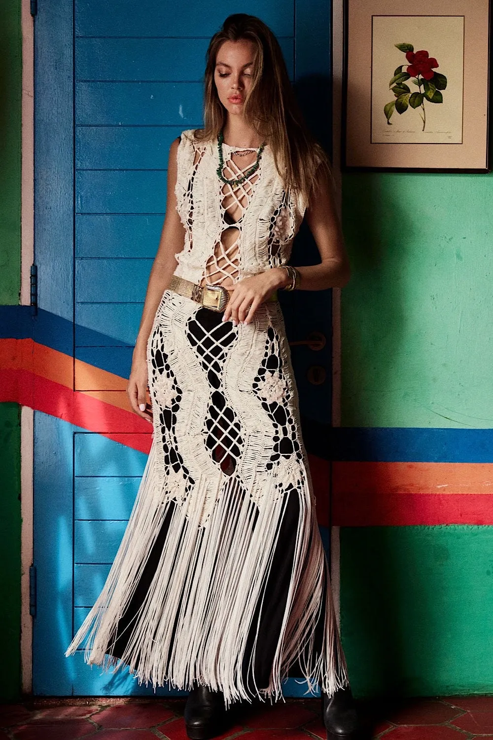Chain Reaction Crochet Beaded Fringe Maxi Dress