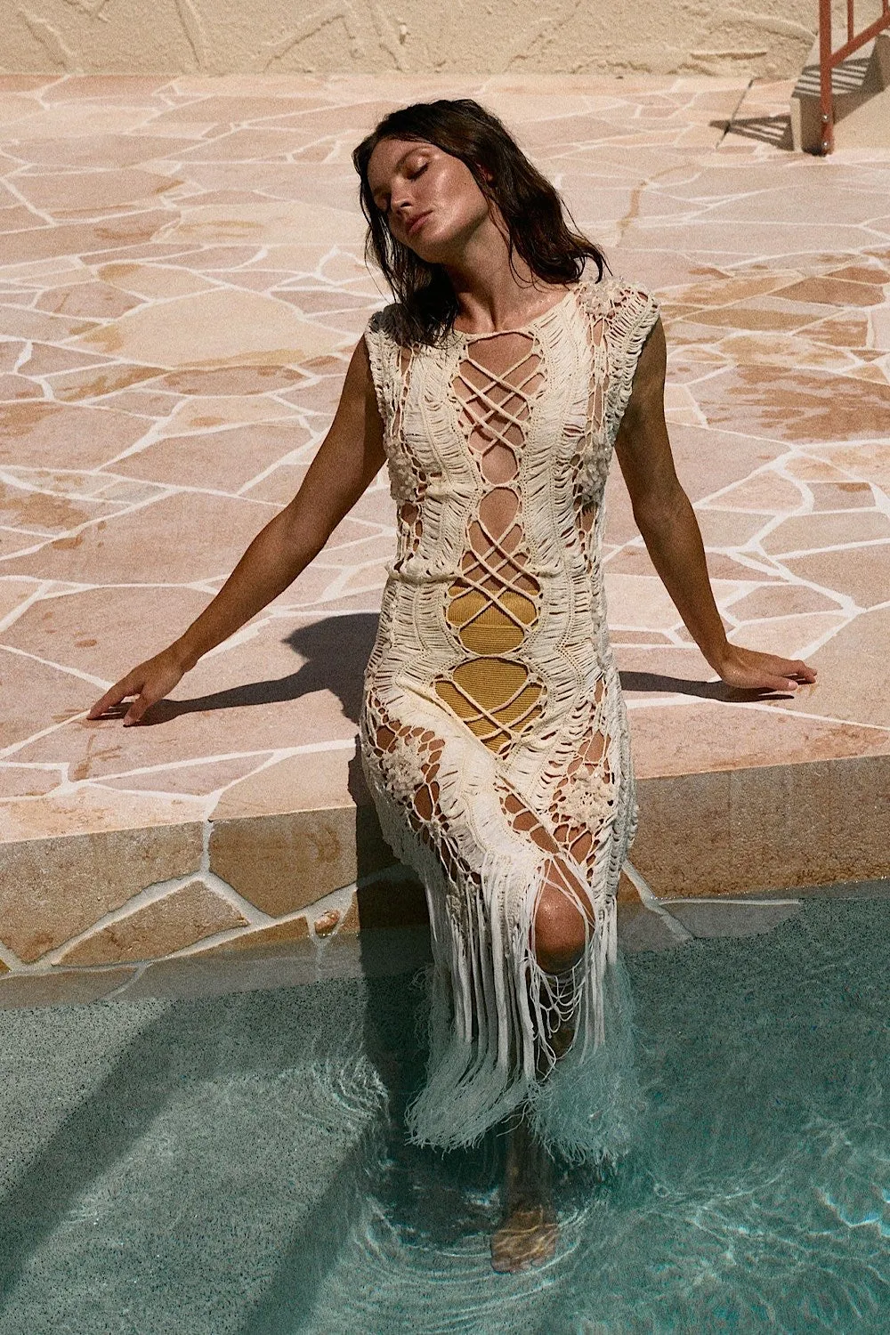 Chain Reaction Crochet Beaded Fringe Maxi Dress