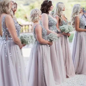 Chiffon Stunning V-neck Bridesmaid Dress Long Backless Formal Dresses,MBD103