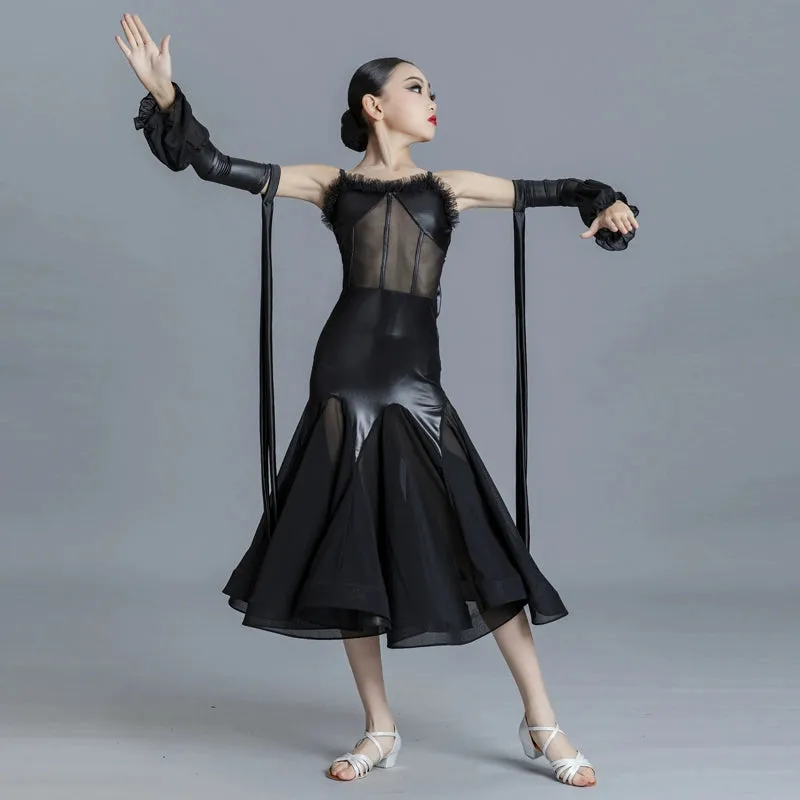 Children's Black Ballroom Dance Dresses for Girls Kids Waltz Tango Ballroom Dance Costumes Performance Swing Skirts