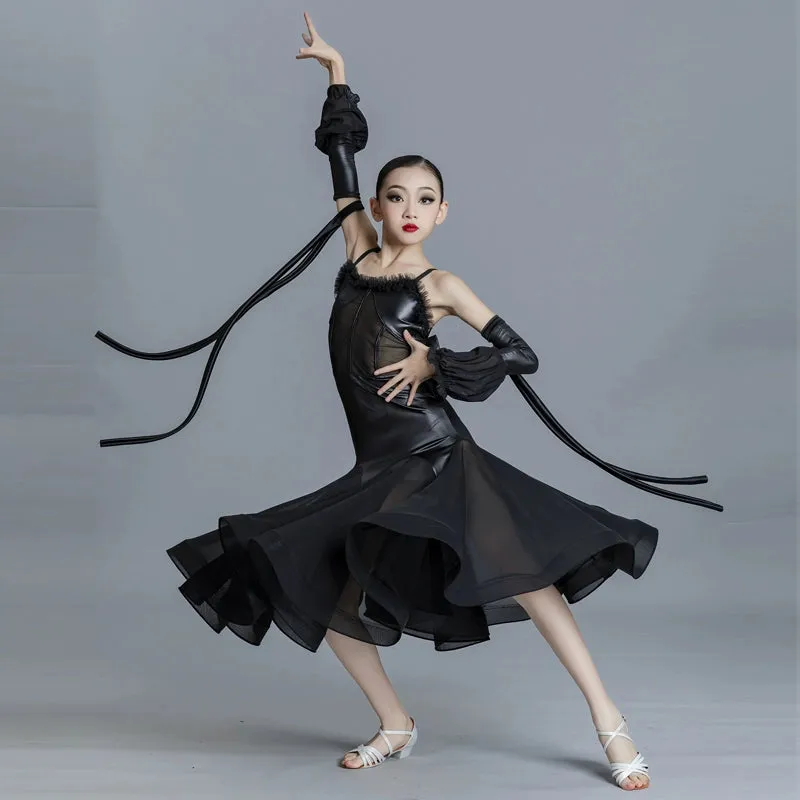 Children's Black Ballroom Dance Dresses for Girls Kids Waltz Tango Ballroom Dance Costumes Performance Swing Skirts