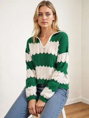 Crochet Wavy Stripe Collared Sweater