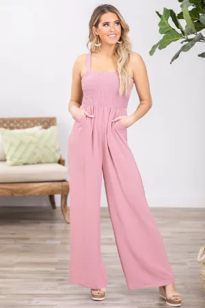 Dusty Rose Smocked Knit Bodice Jumpsuit