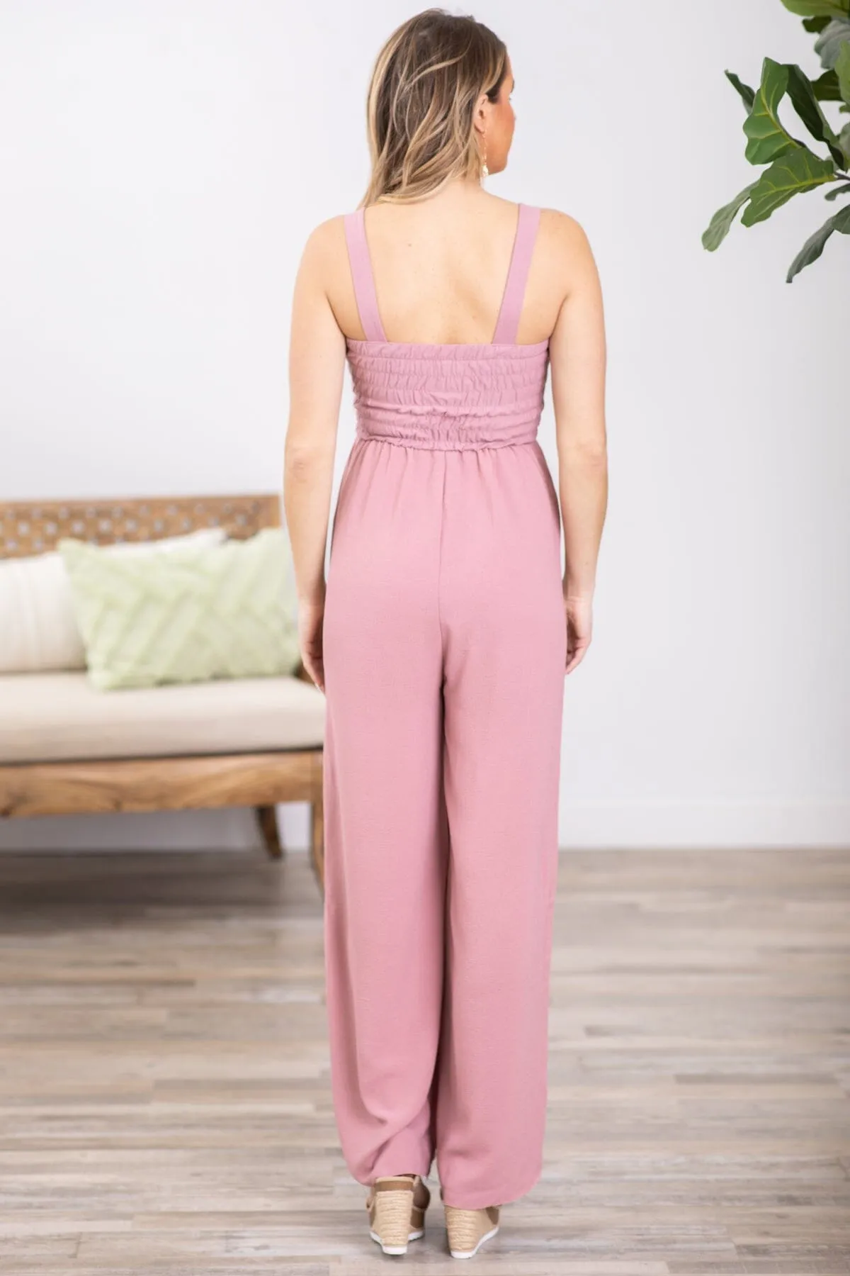 Dusty Rose Smocked Knit Bodice Jumpsuit